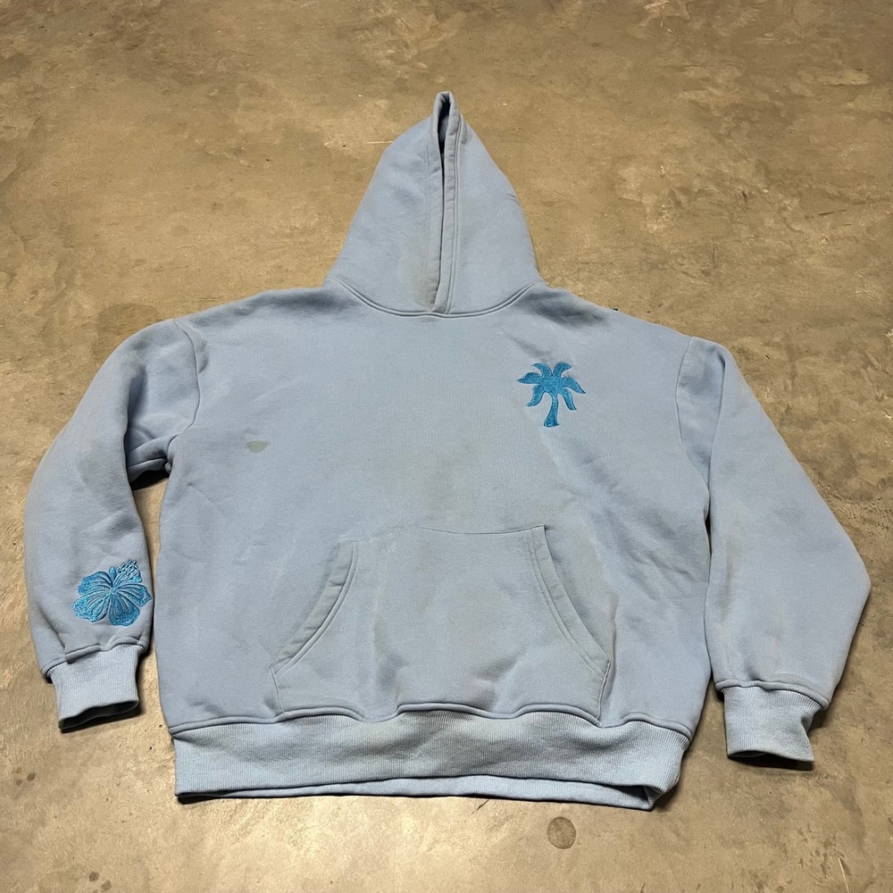 Pink Palm Puff Everything Comes In Waves Hoodie Light Blue Embroidered Large